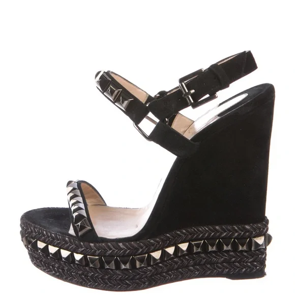 Christian Louboutin Black Studded Espadrille Wedge Sandals - Picture 2 of 7
